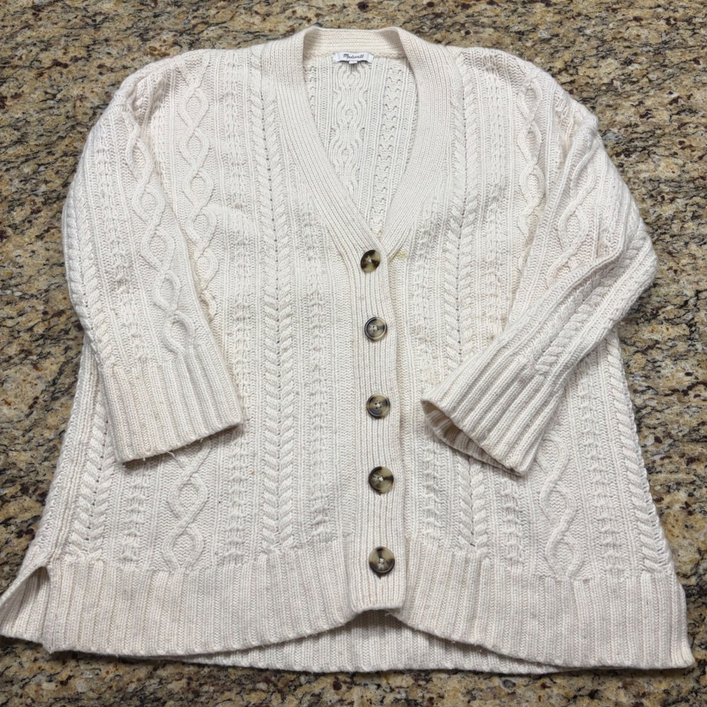Madewell Womens Cream Cable Knit V-Neck Button Front Cardigan Sweater Small